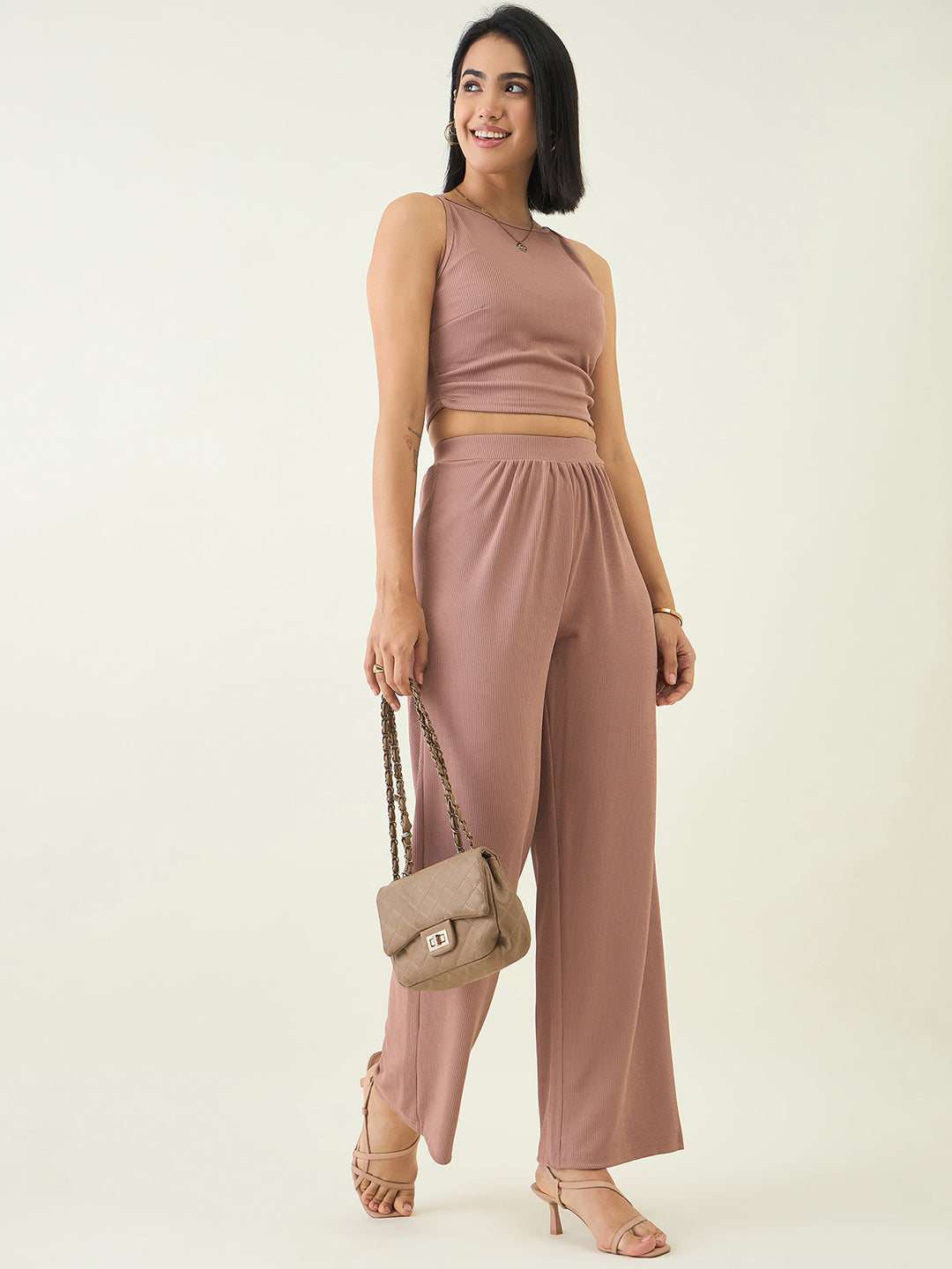 Women's Black Sleeveless Crop Top & High Waist Pants Co-ord Set