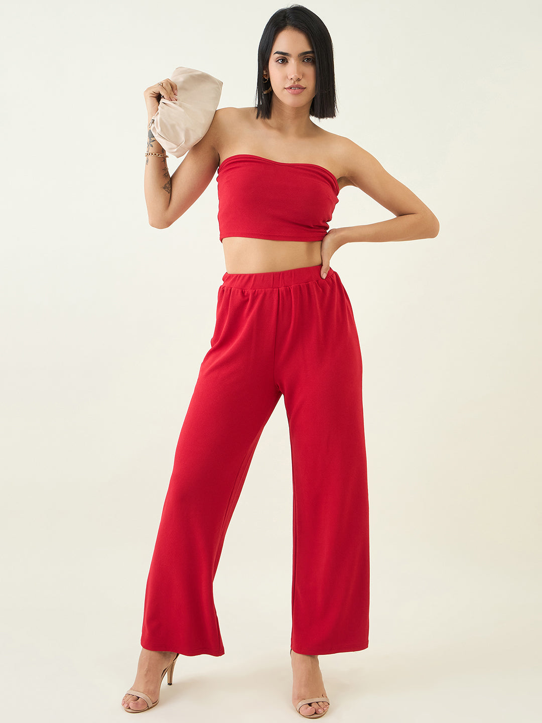 Elastic Waist Crop Top and Trousers Ensemble