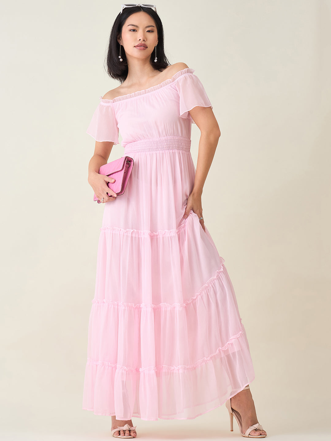 Noir Ruffle Off-Shoulder Maxi Dress in Chiffon