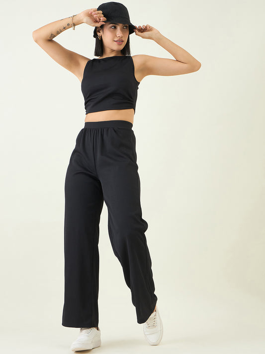 Women's Black Sleeveless Crop Top & High Waist Pants Co-ord Set