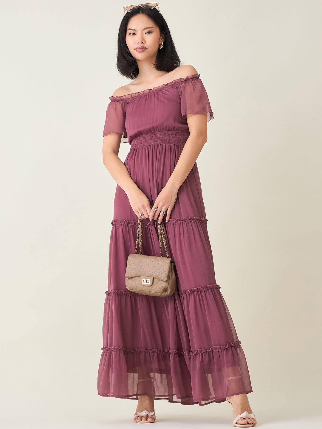 Noir Ruffle Off-Shoulder Maxi Dress in Chiffon