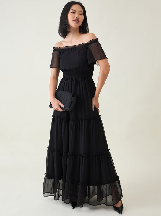 Noir Ruffle Off-Shoulder Maxi Dress in Chiffon