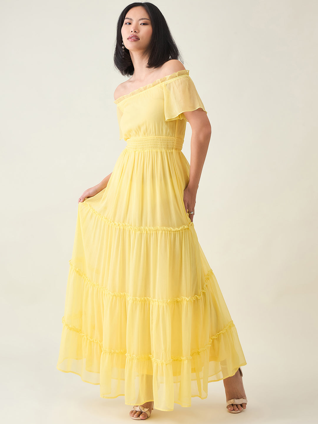 Noir Ruffle Off-Shoulder Maxi Dress in Chiffon