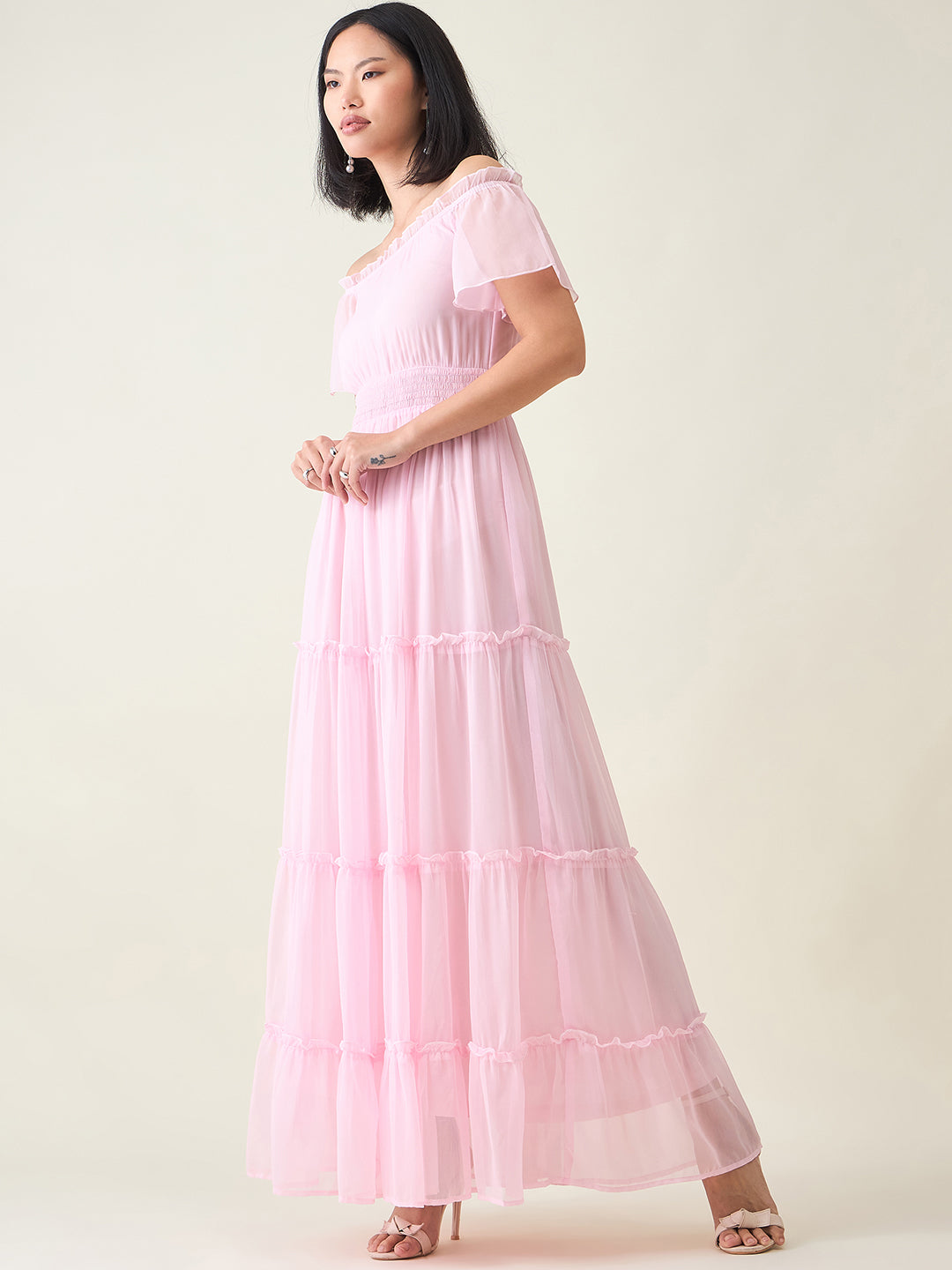 Noir Ruffle Off-Shoulder Maxi Dress in Chiffon