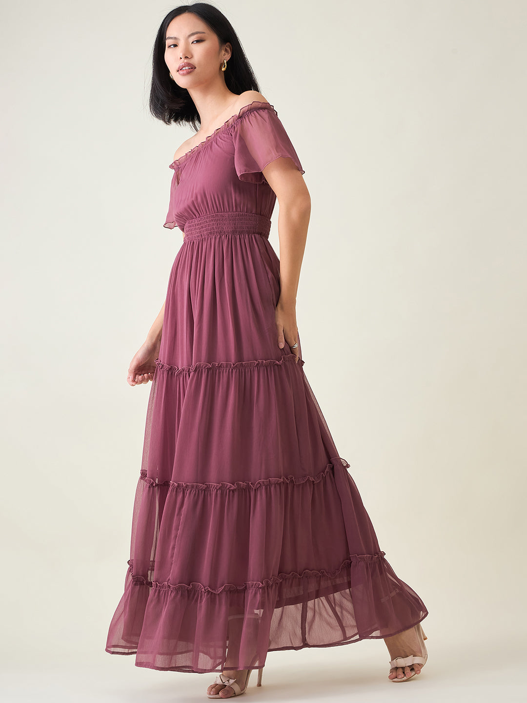 Noir Ruffle Off-Shoulder Maxi Dress in Chiffon