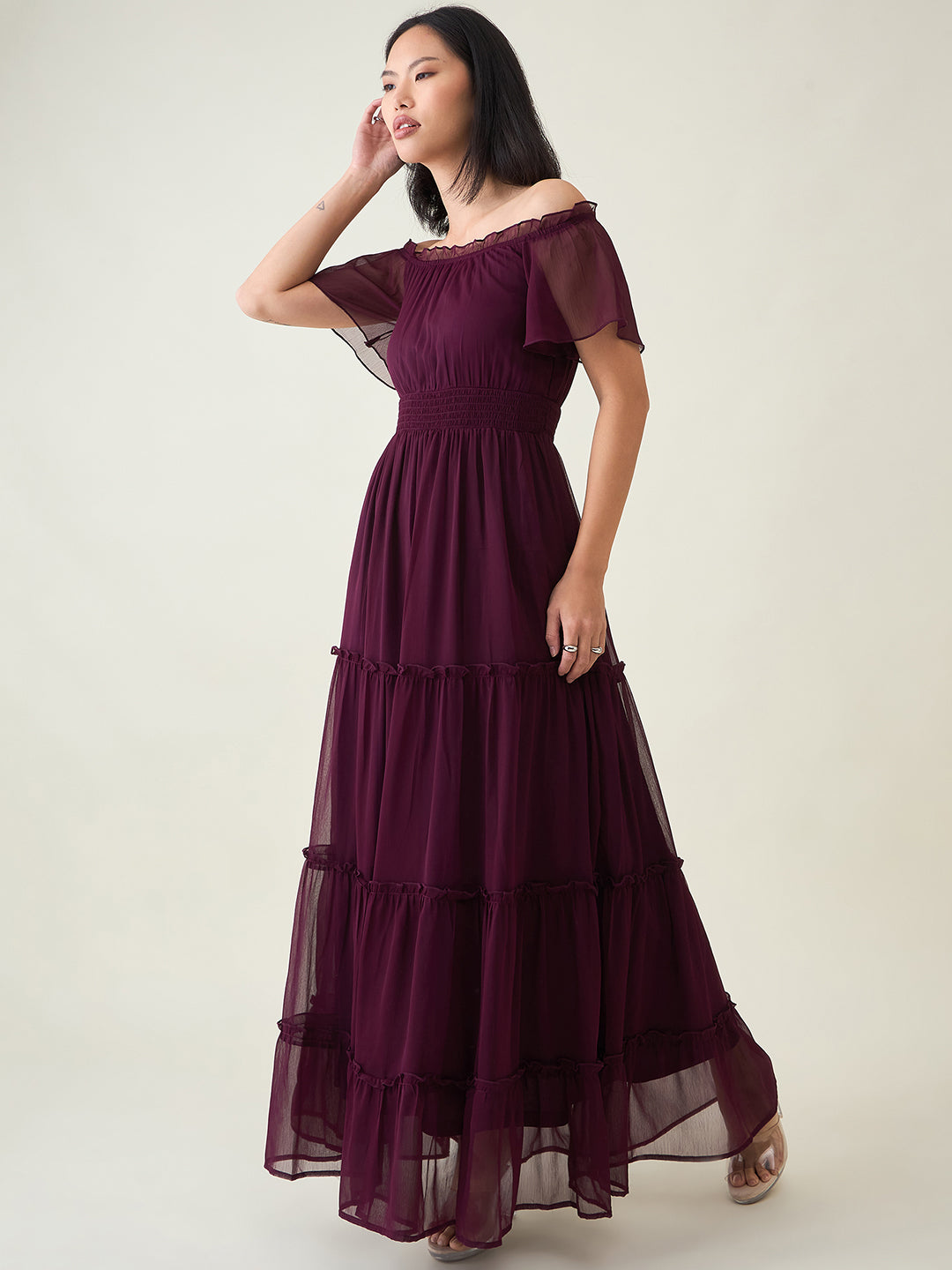 Noir Ruffle Off-Shoulder Maxi Dress in Chiffon
