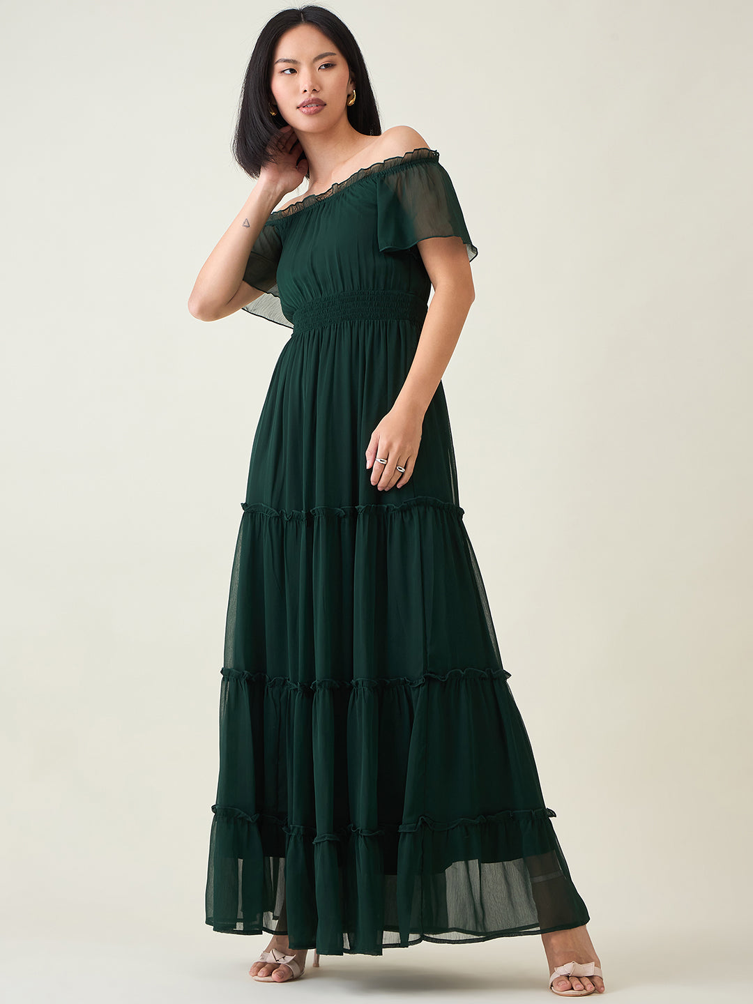 Noir Ruffle Off-Shoulder Maxi Dress in Chiffon