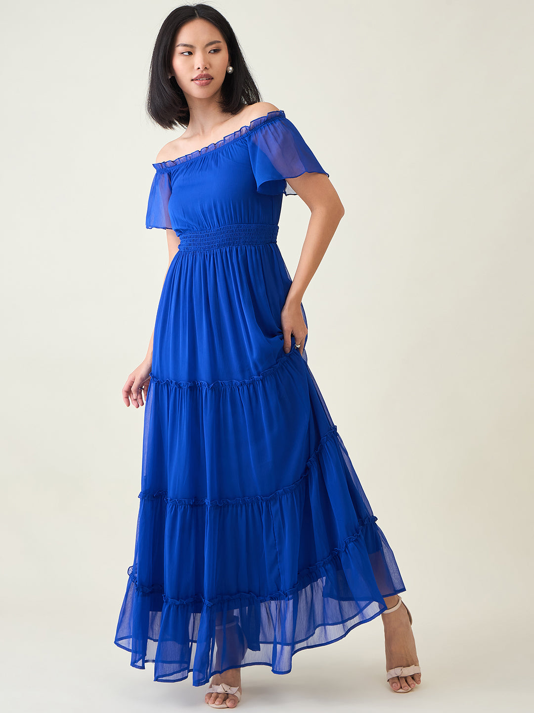 Noir Ruffle Off-Shoulder Maxi Dress in Chiffon