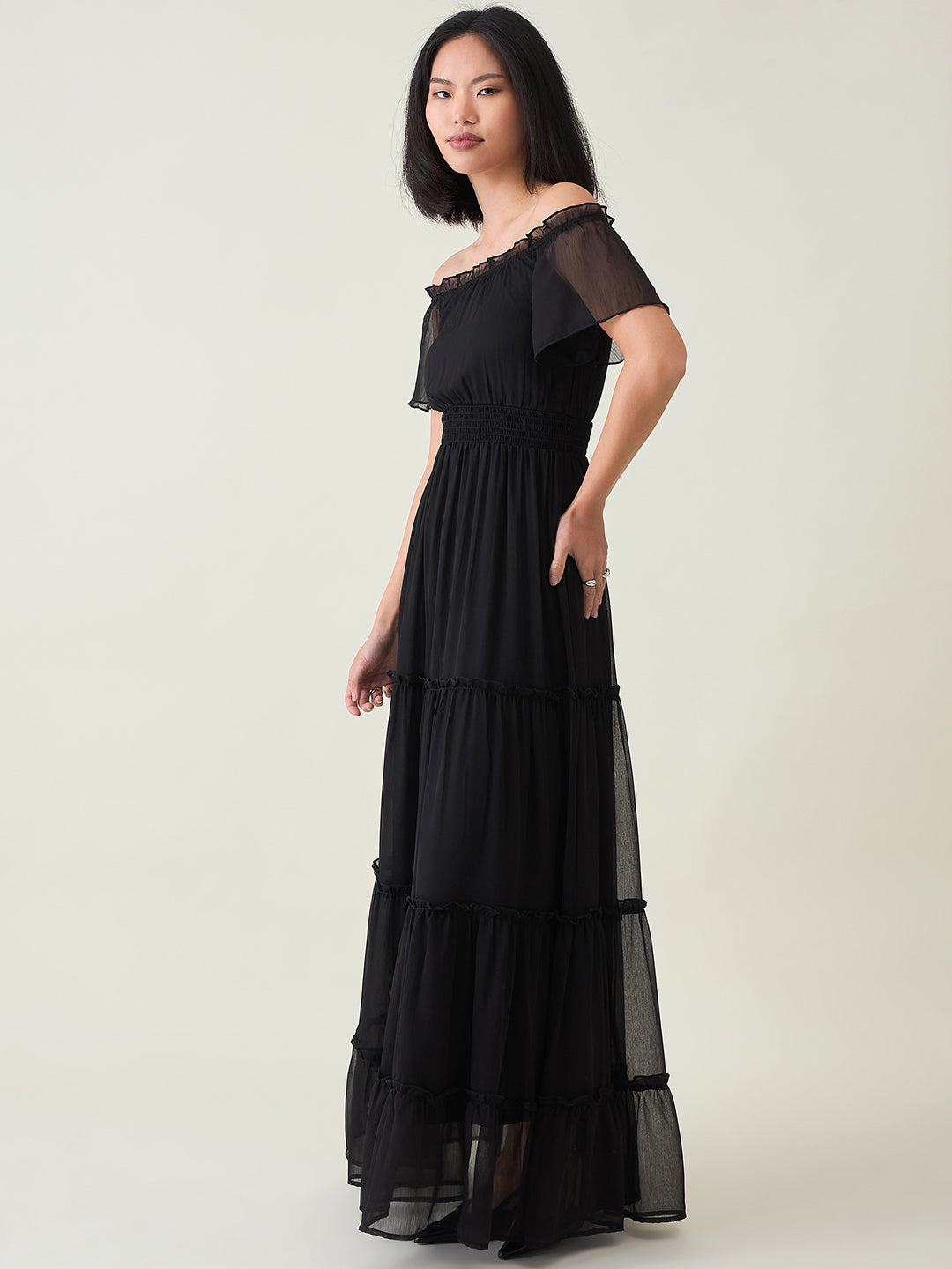 Noir Ruffle Off-Shoulder Maxi Dress in Chiffon