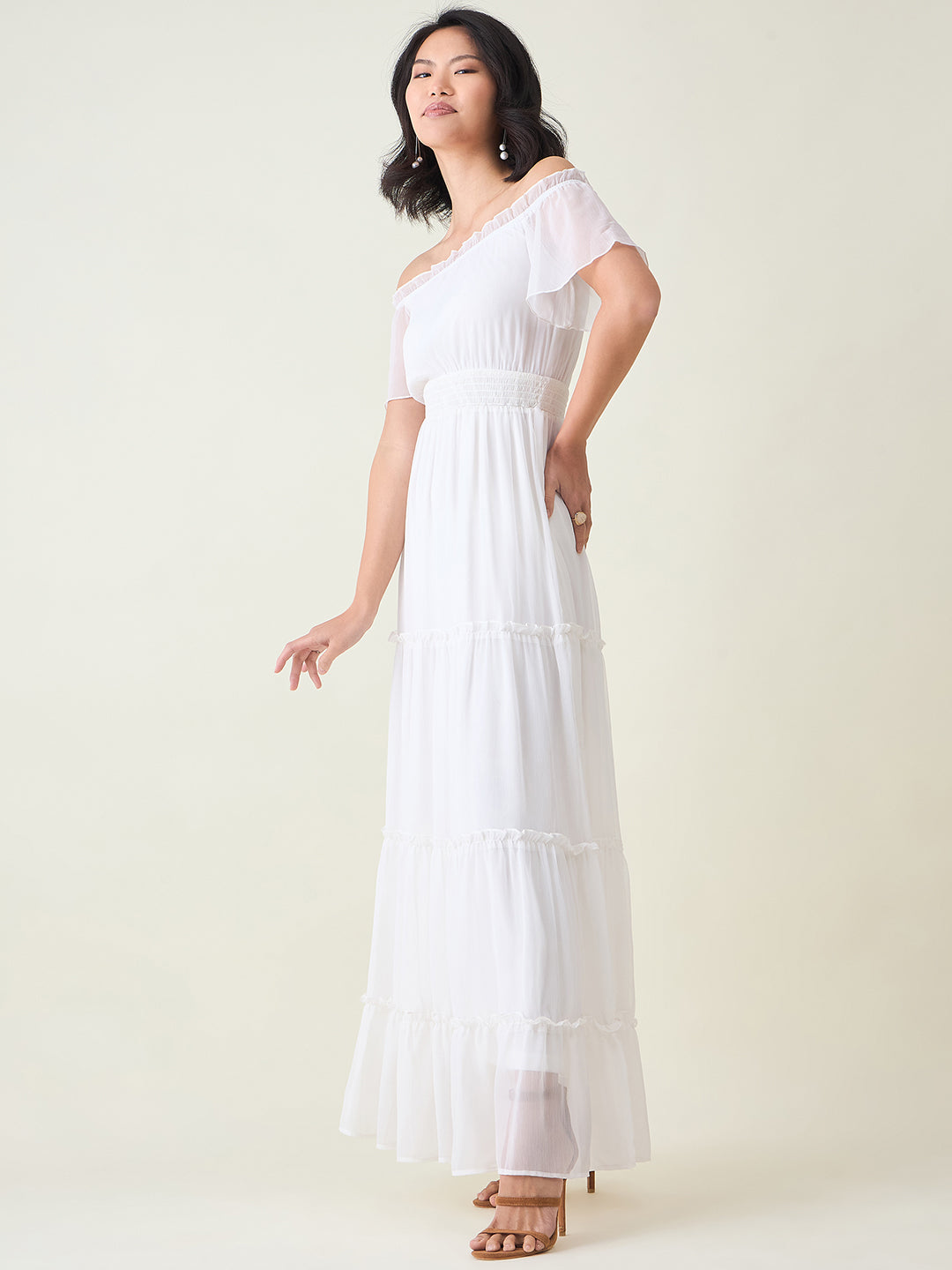 Noir Ruffle Off-Shoulder Maxi Dress in Chiffon