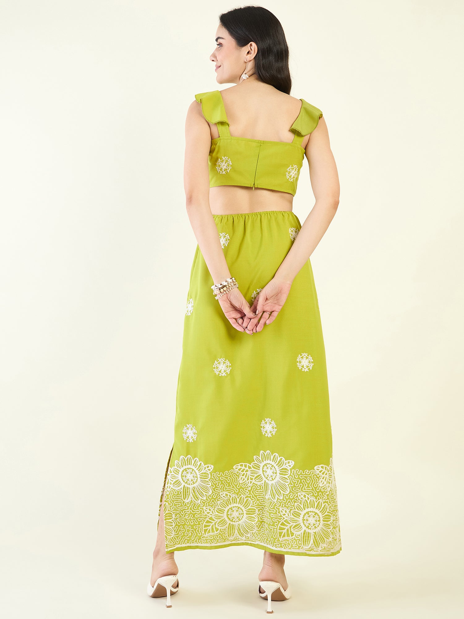 Lime green maxi dress with white embroidery