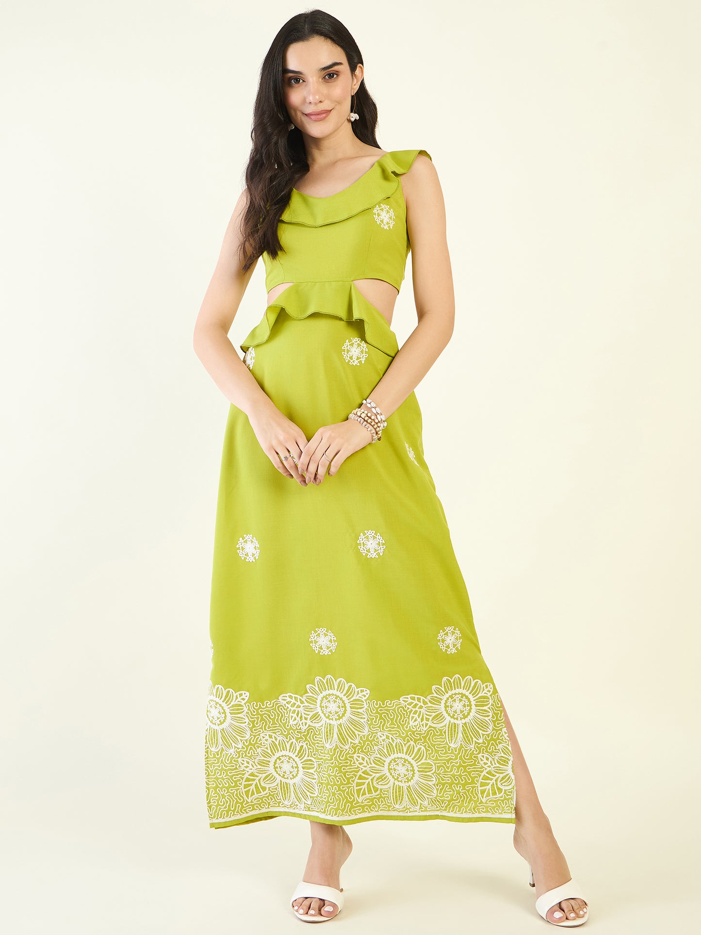 Lime green maxi dress with white embroidery