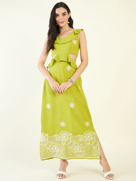 Lime green maxi dress with white embroidery