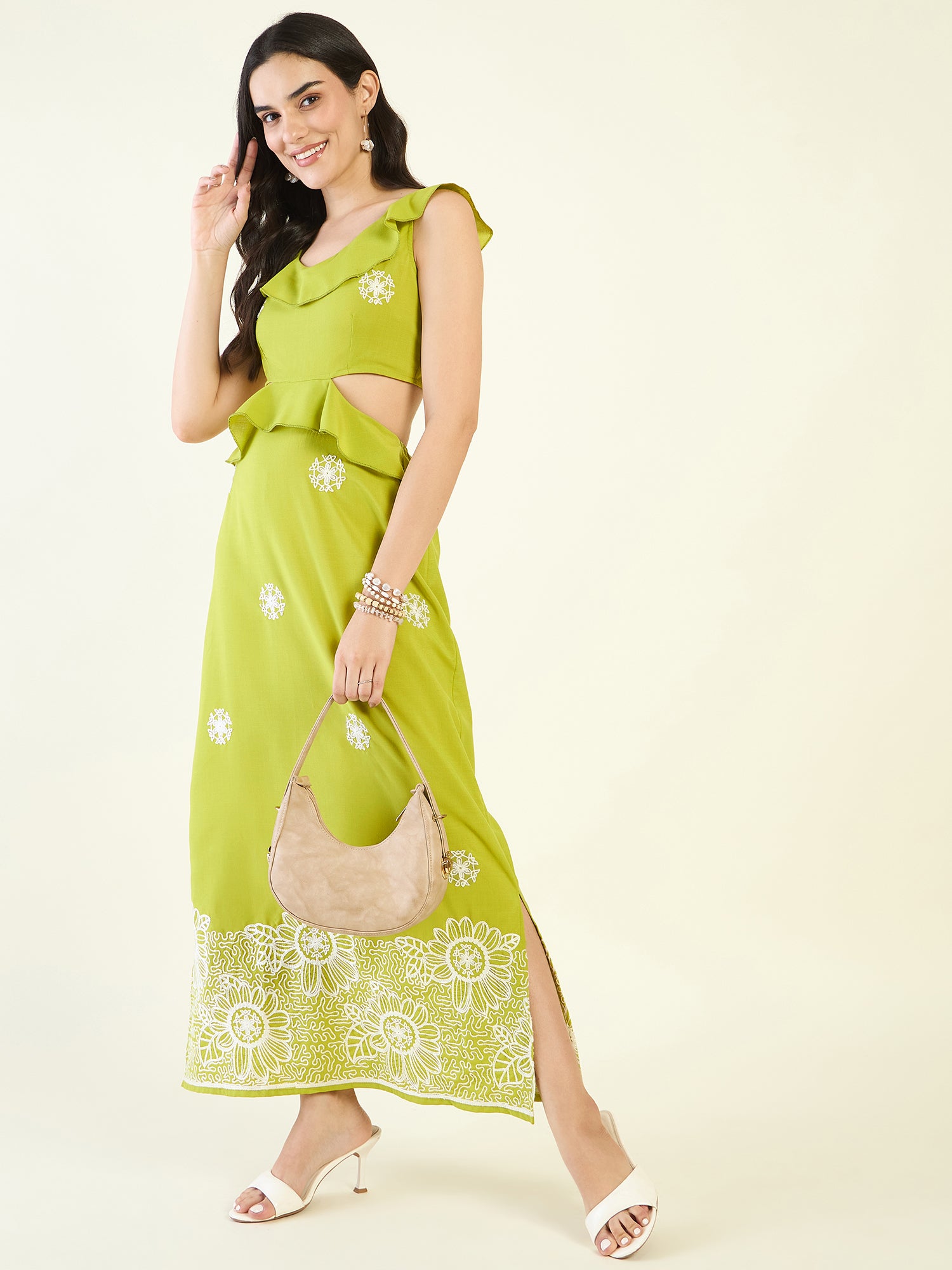Lime green maxi dress with white embroidery