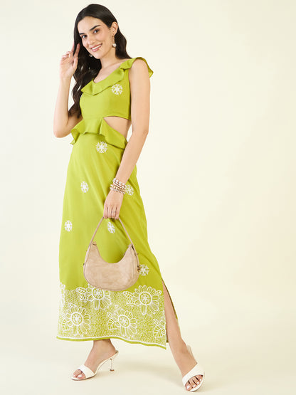 Lime green maxi dress with white embroidery