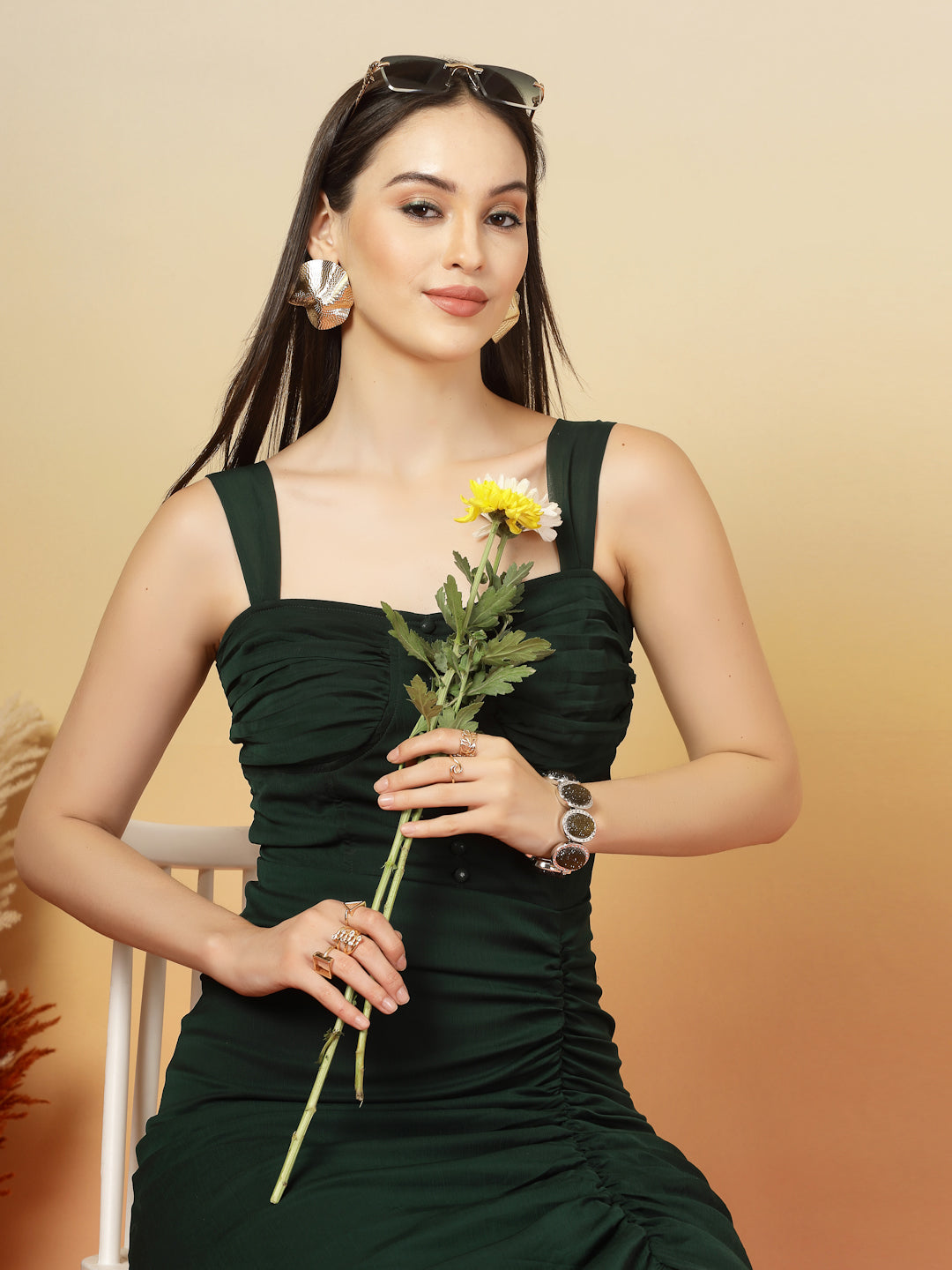 AAYU Women Chiffon Ruched Midi A-Line Dress