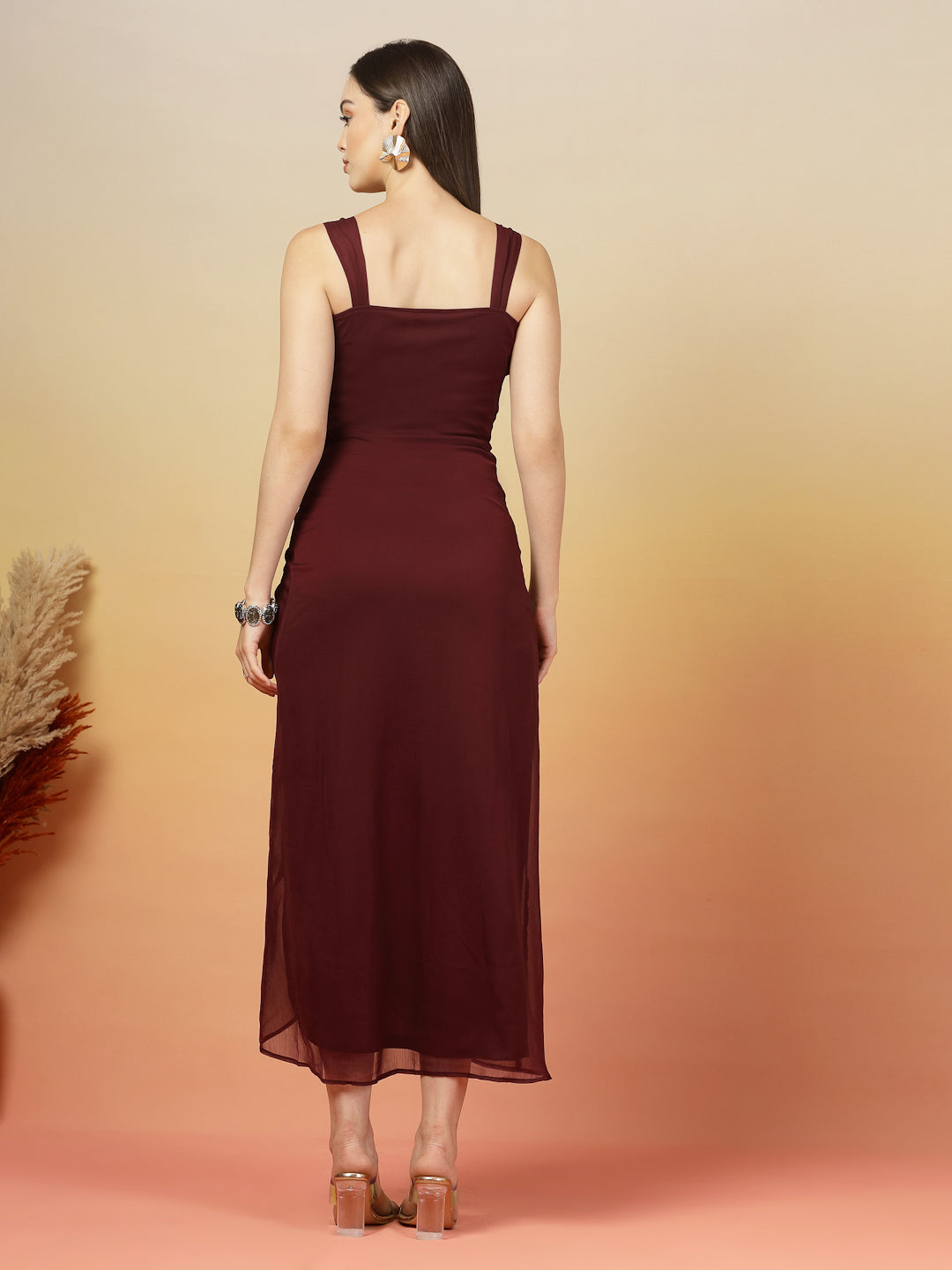 AAYU Women Chiffon Ruched Midi A-Line Dress