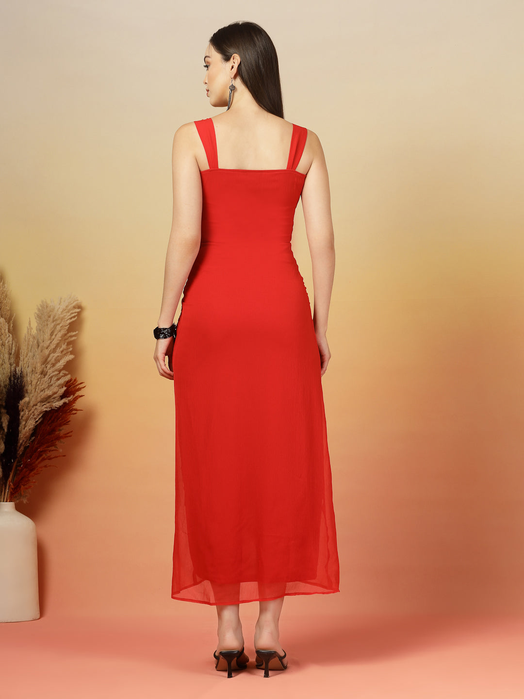 AAYU Women Chiffon Ruched Midi A-Line Dress