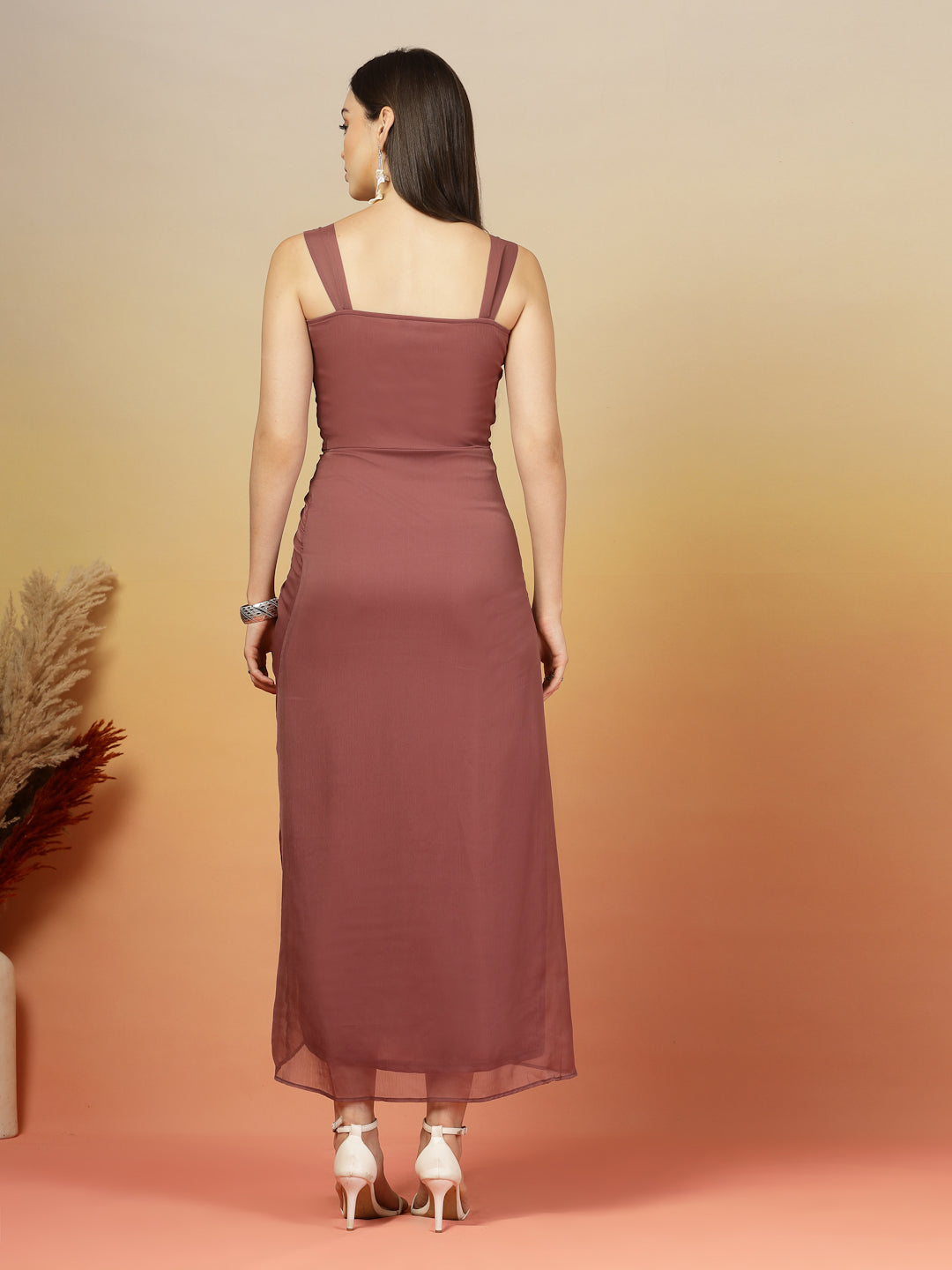 AAYU Women Chiffon Ruched Midi A-Line Dress