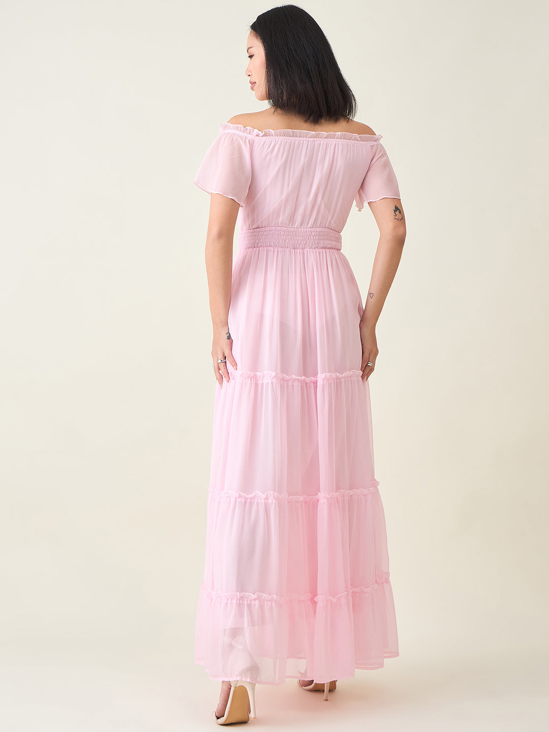 Noir Ruffle Off-Shoulder Maxi Dress in Chiffon