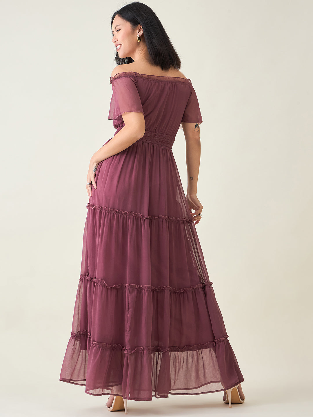 Noir Ruffle Off-Shoulder Maxi Dress in Chiffon