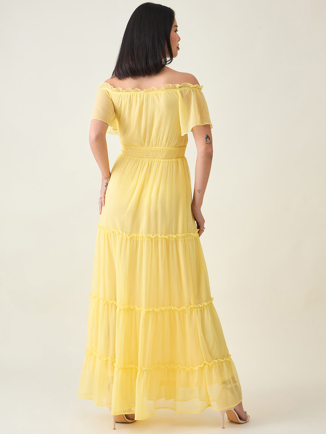 Noir Ruffle Off-Shoulder Maxi Dress in Chiffon