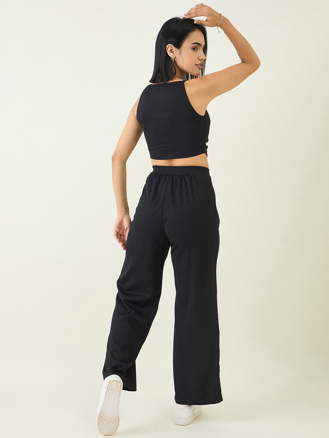 Women's Black Sleeveless Crop Top & High Waist Pants Co-ord Set