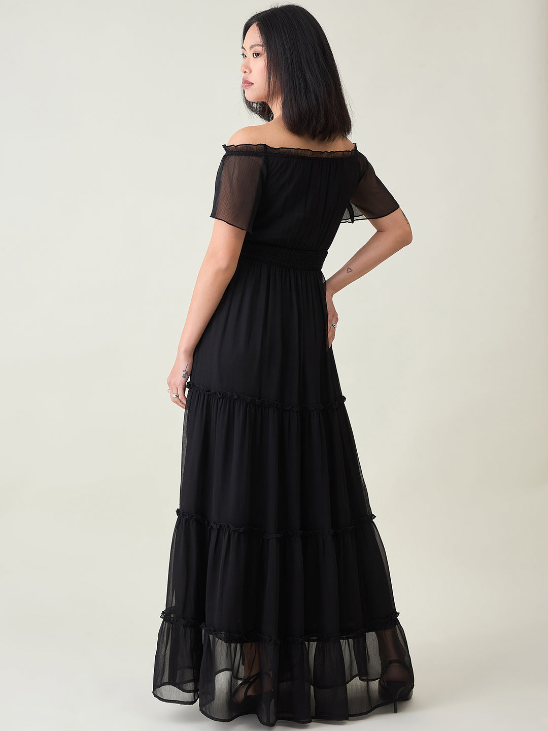 Noir Ruffle Off-Shoulder Maxi Dress in Chiffon