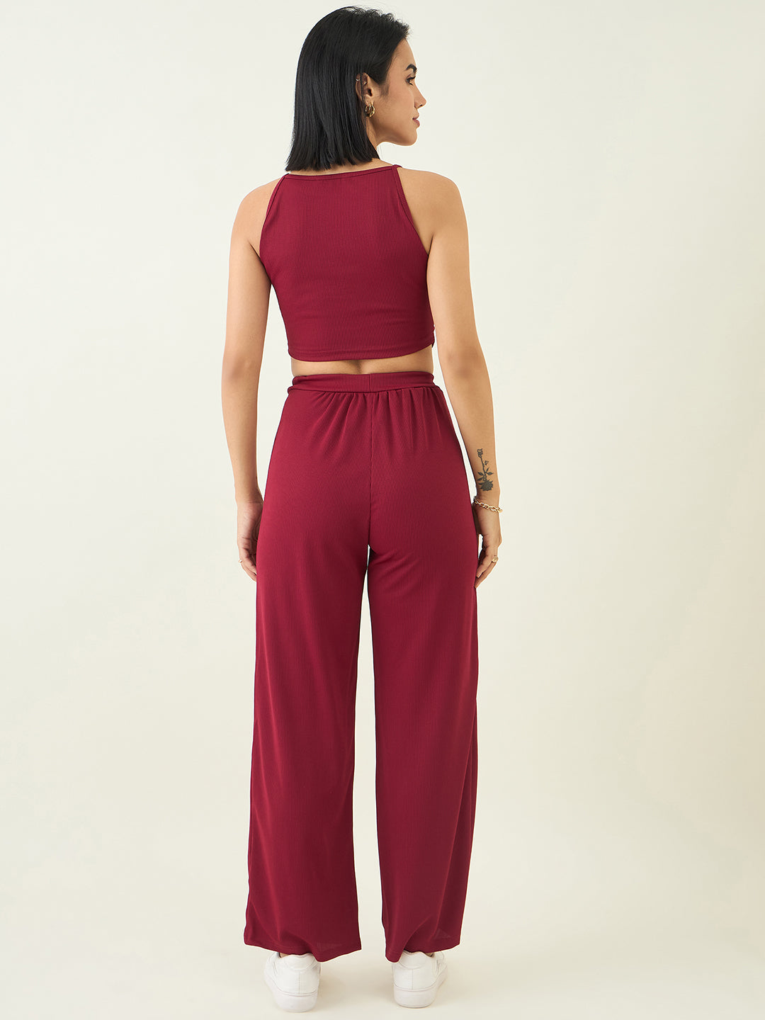 Women's Black Sleeveless Crop Top & High Waist Pants Co-ord Set