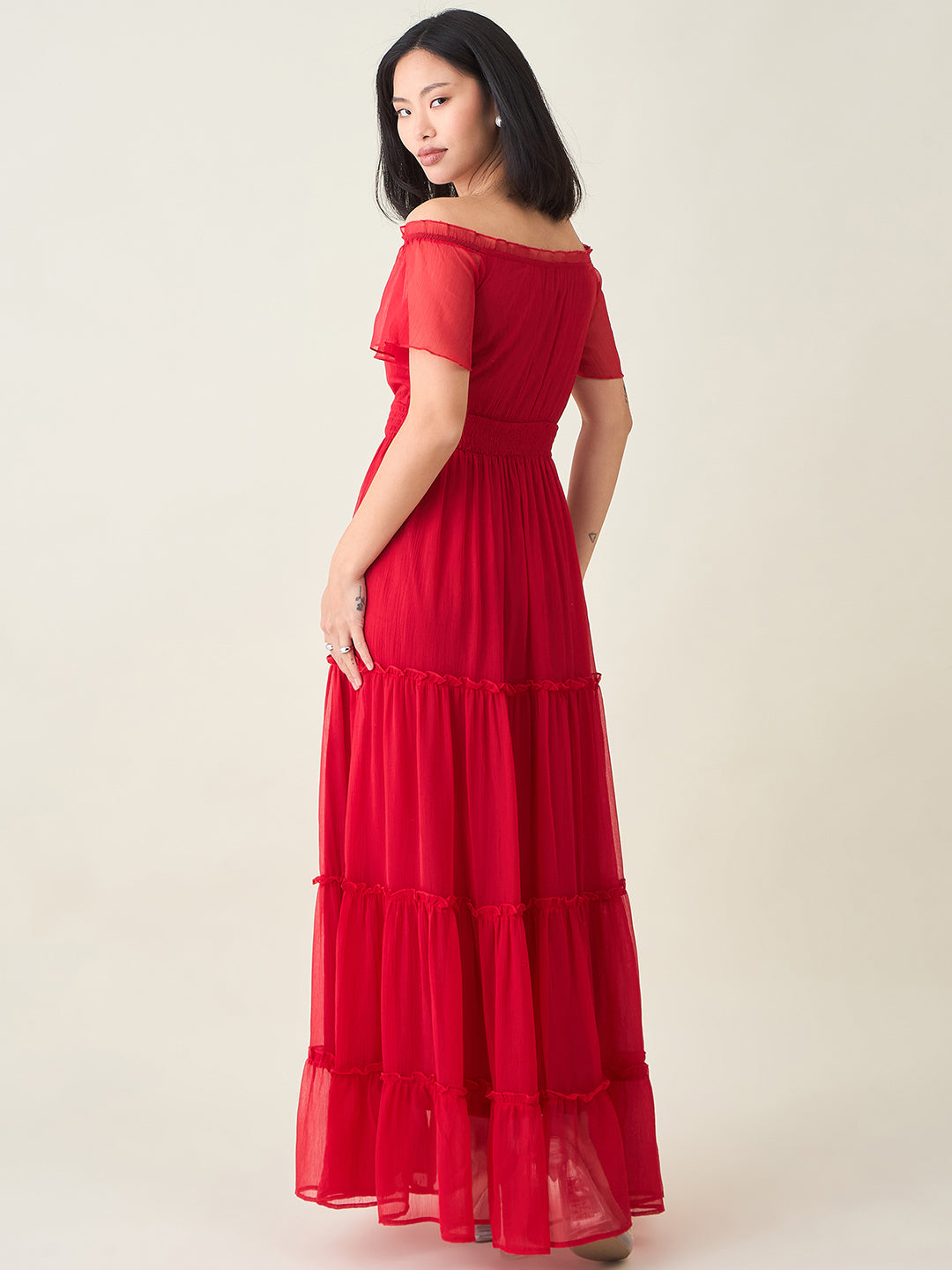 Noir Ruffle Off-Shoulder Maxi Dress in Chiffon