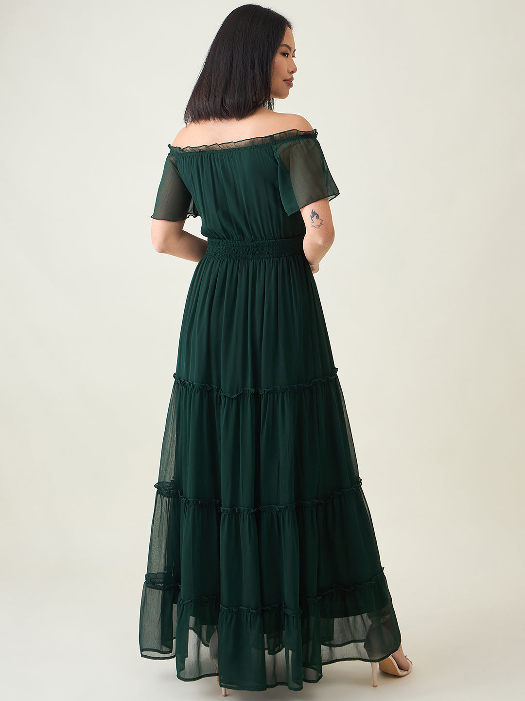 Noir Ruffle Off-Shoulder Maxi Dress in Chiffon