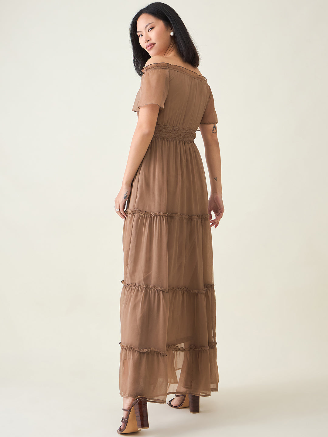 Noir Ruffle Off-Shoulder Maxi Dress in Chiffon