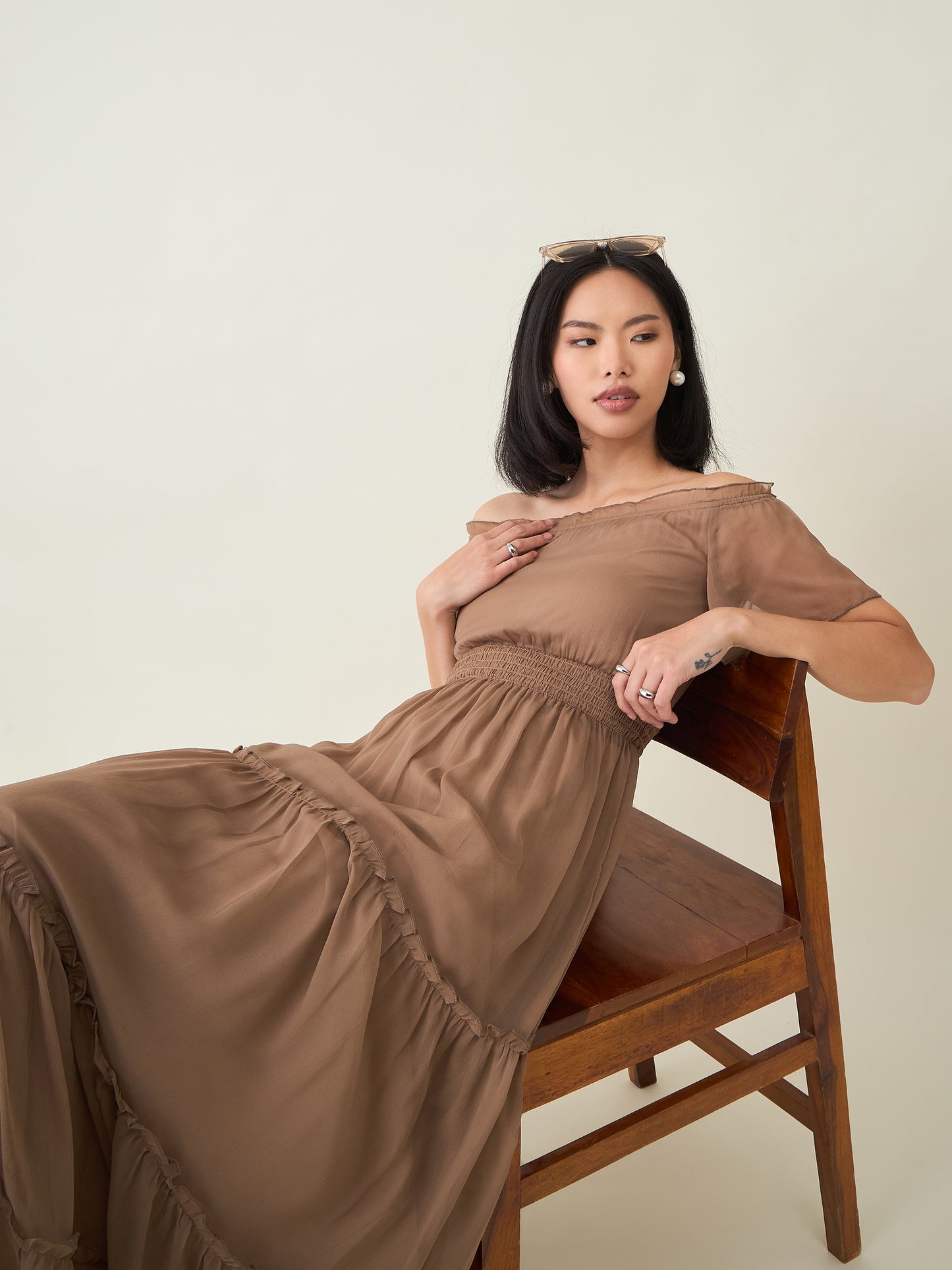 Noir Ruffle Off-Shoulder Maxi Dress in Chiffon