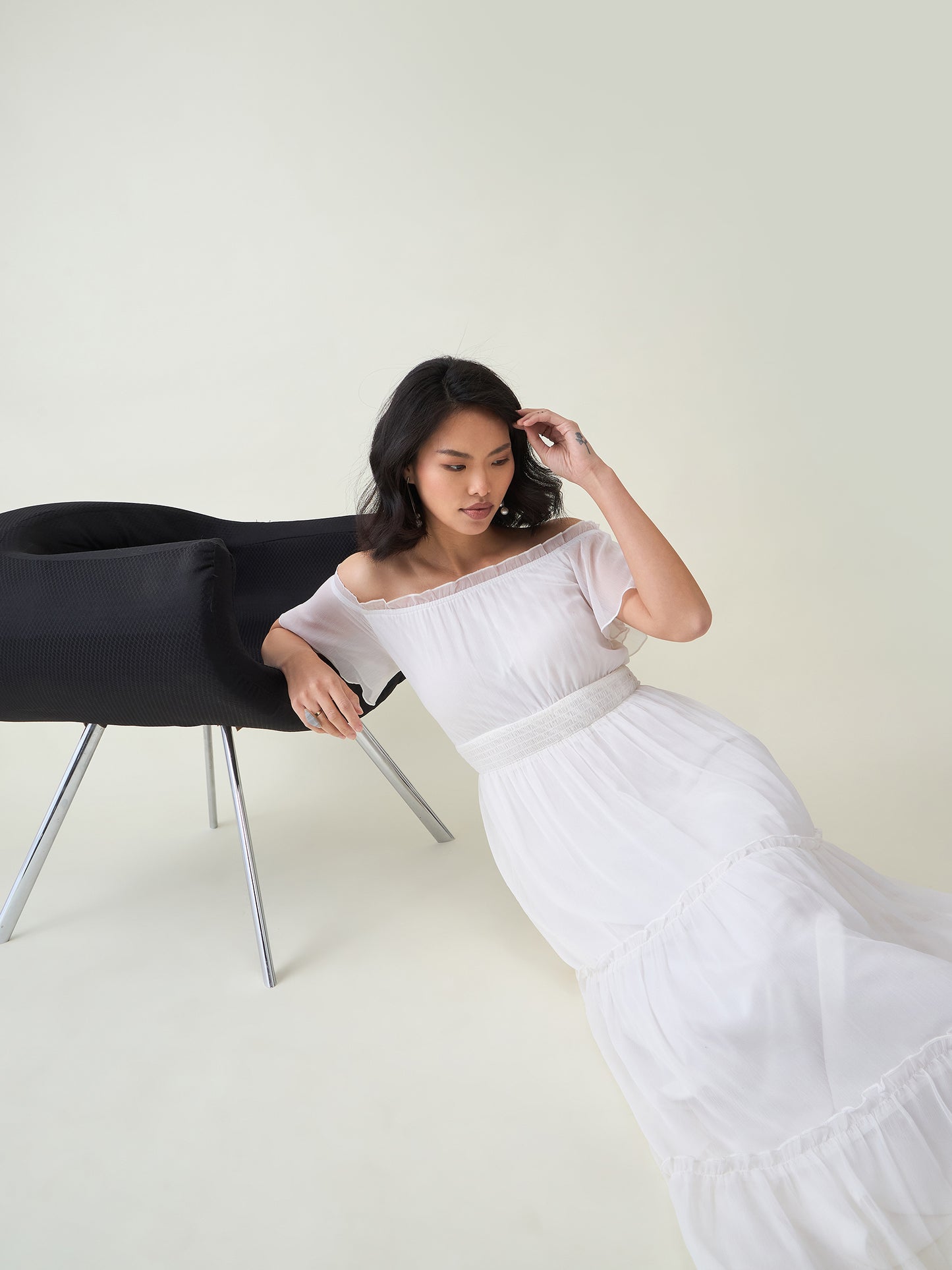 Noir Ruffle Off-Shoulder Maxi Dress in Chiffon