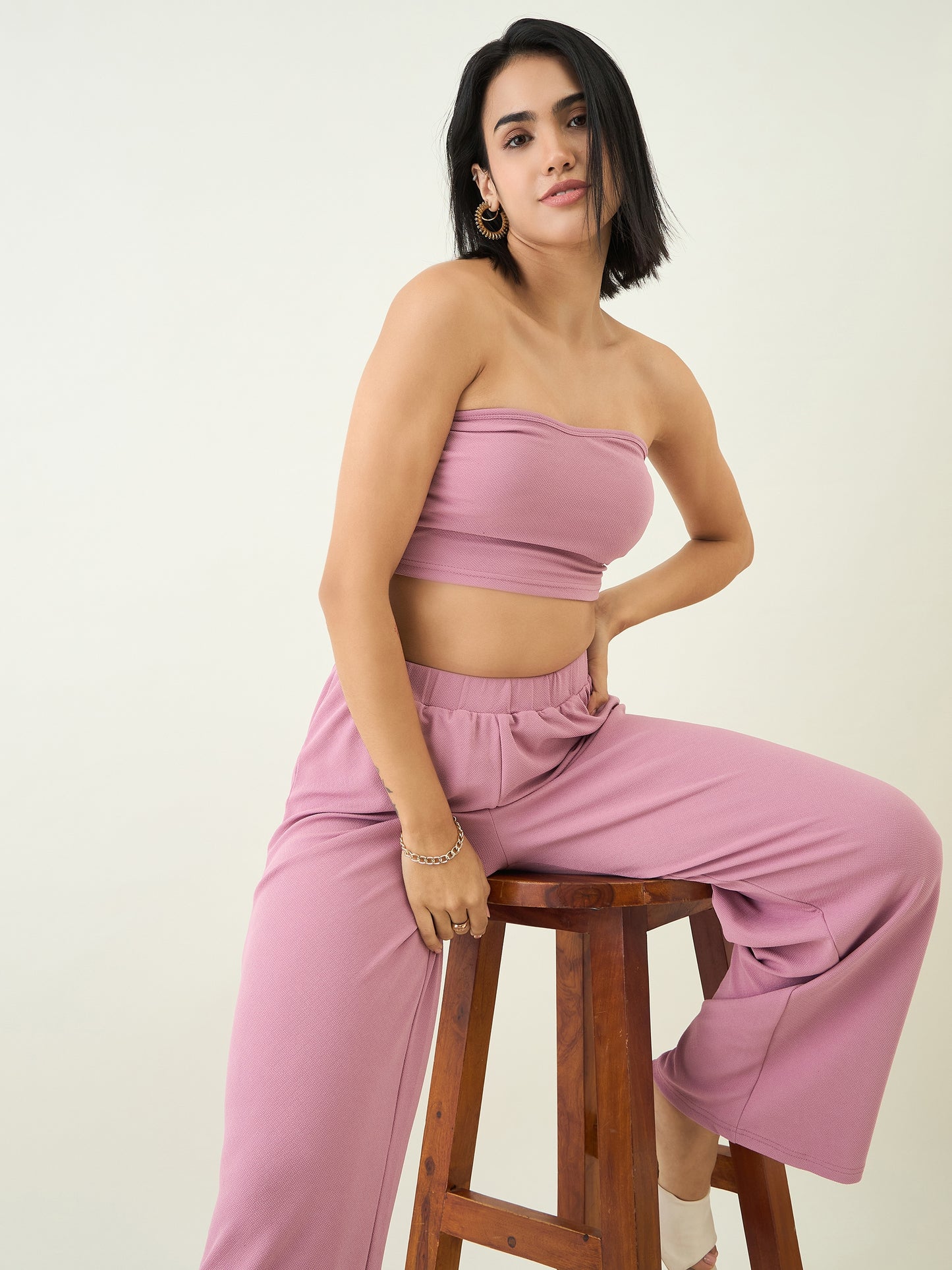 Elastic Waist Crop Top and Trousers Ensemble