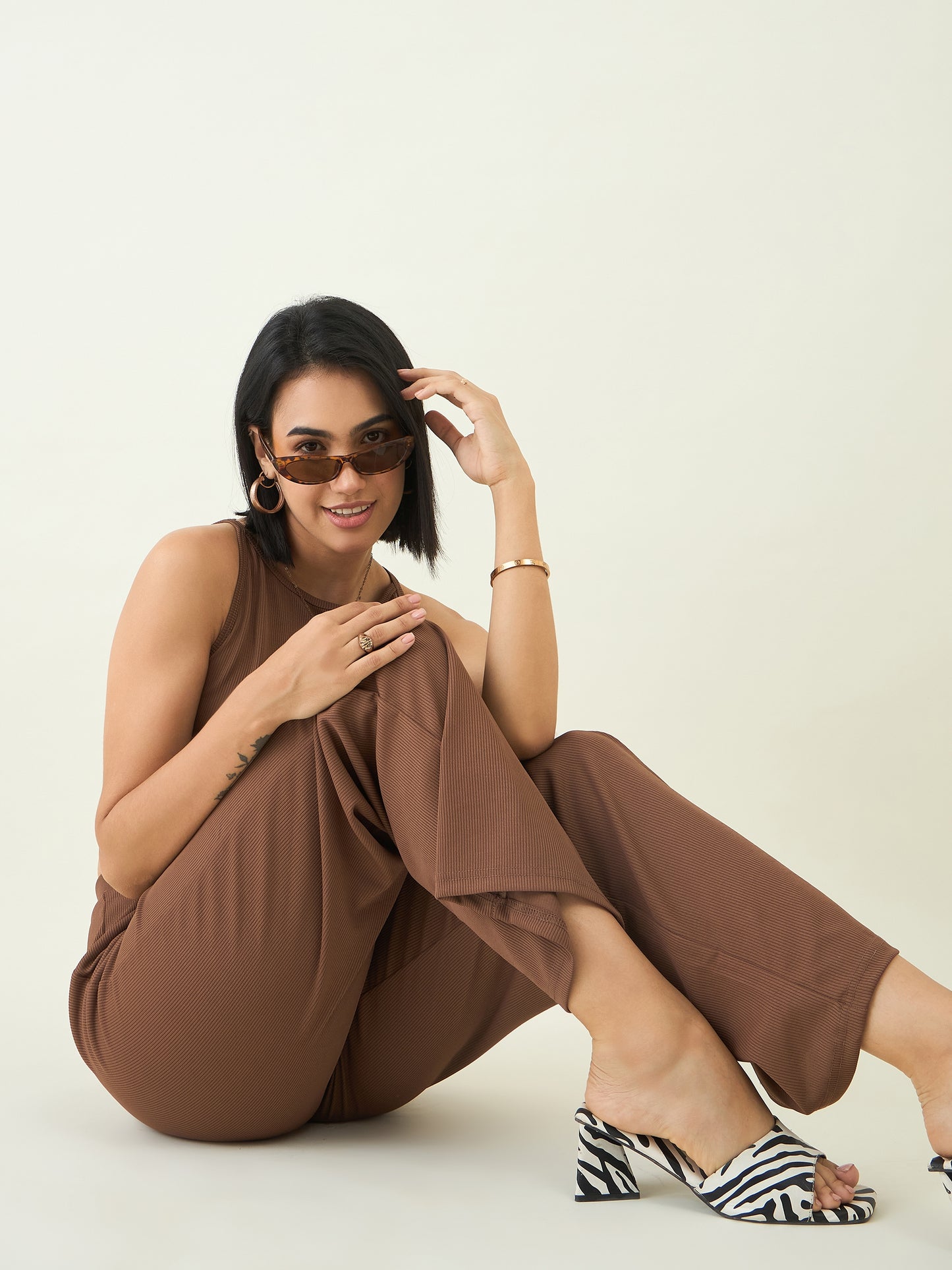 Women's Black Sleeveless Crop Top & High Waist Pants Co-ord Set