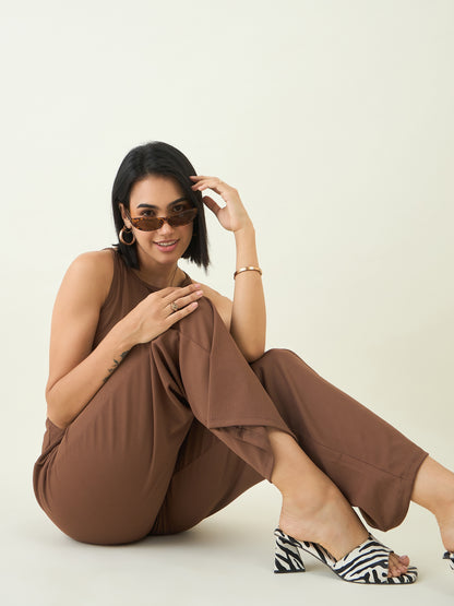 Women's Black Sleeveless Crop Top & High Waist Pants Co-ord Set