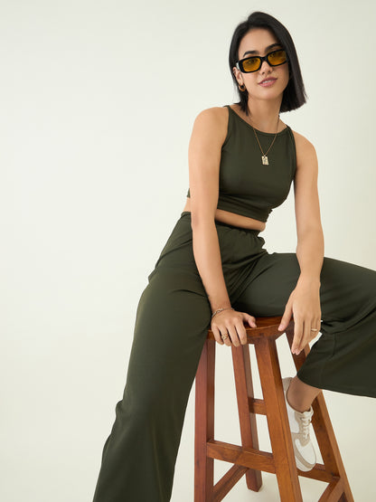 Women's Black Sleeveless Crop Top & High Waist Pants Co-ord Set