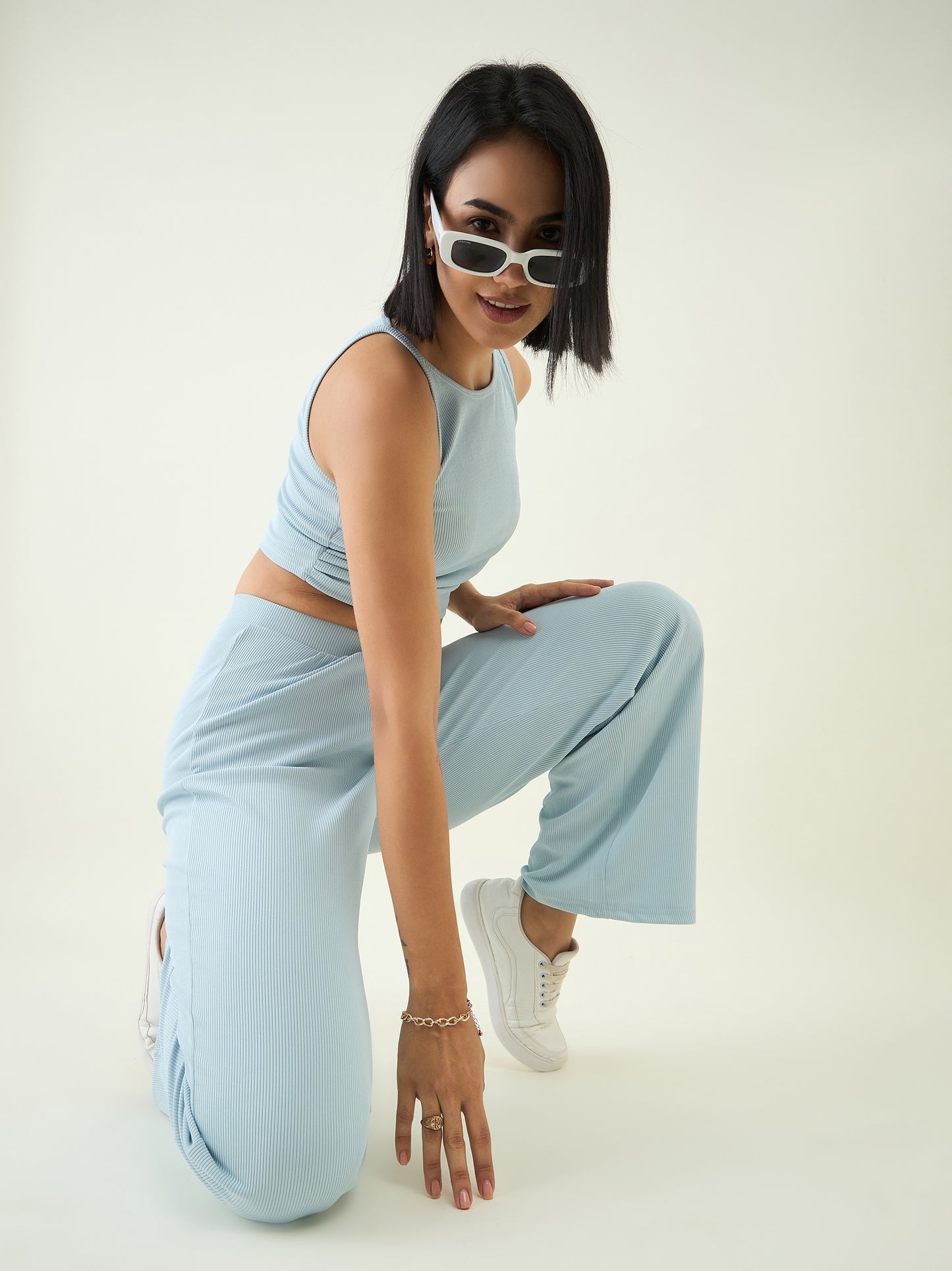 Women's Black Sleeveless Crop Top & High Waist Pants Co-ord Set