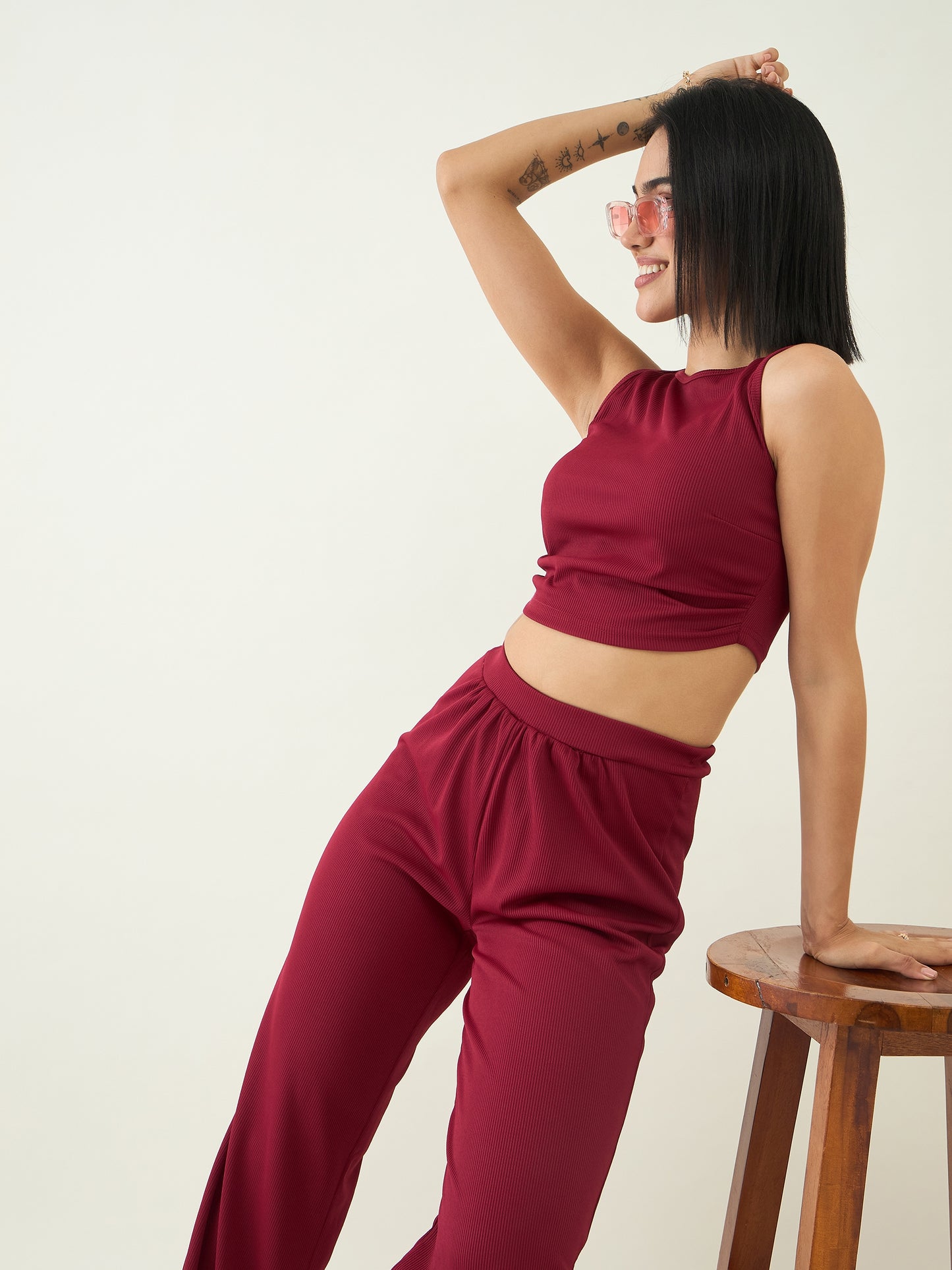 Women's Black Sleeveless Crop Top & High Waist Pants Co-ord Set