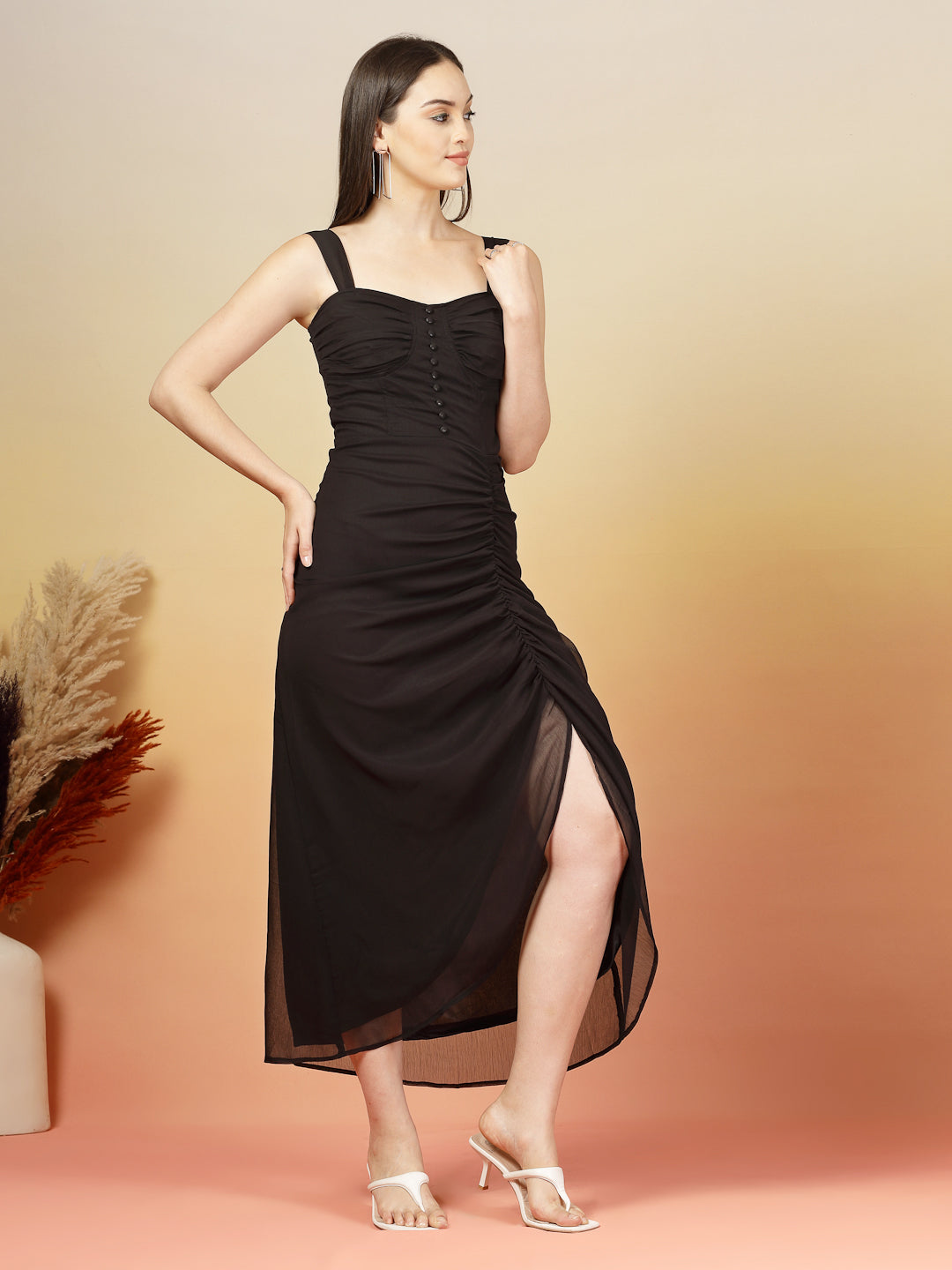 AAYU Women Chiffon Ruched Midi A-Line Dress