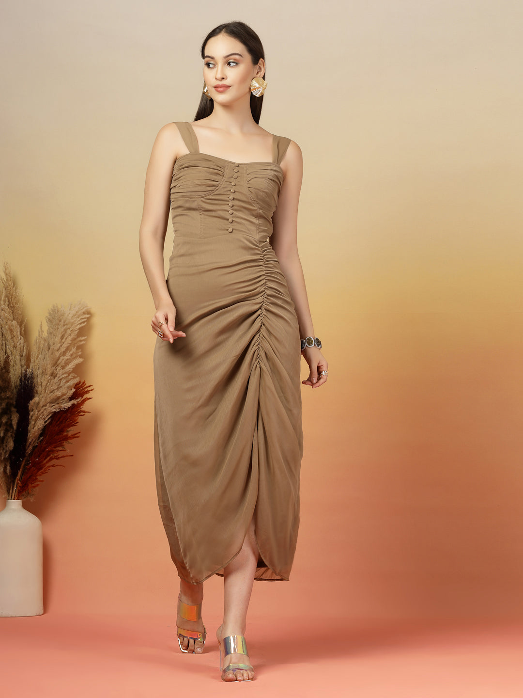 AAYU Women Chiffon Ruched Midi A-Line Dress