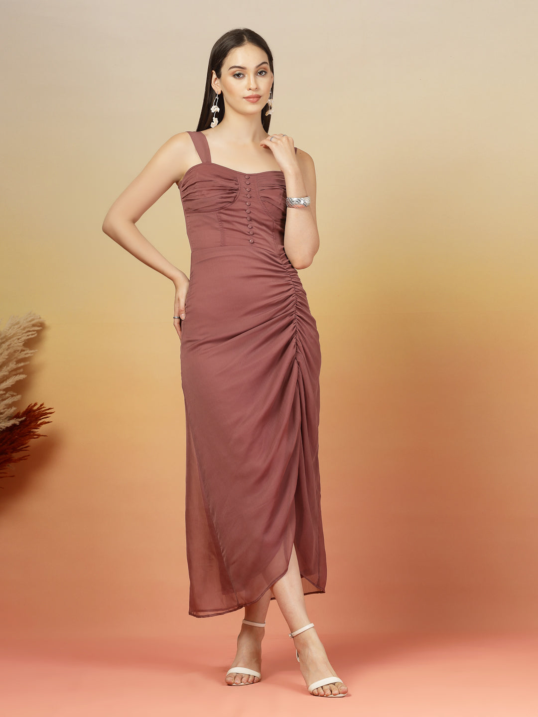 AAYU Women Chiffon Ruched Midi A-Line Dress