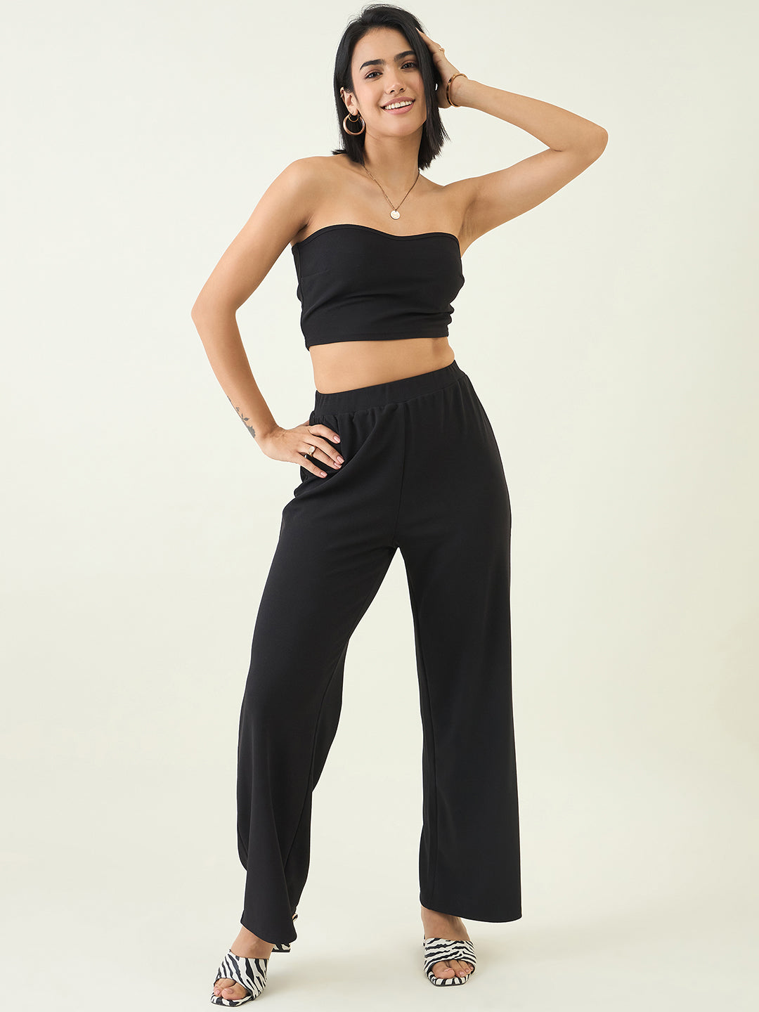 Elastic Waist Crop Top and Trousers Ensemble