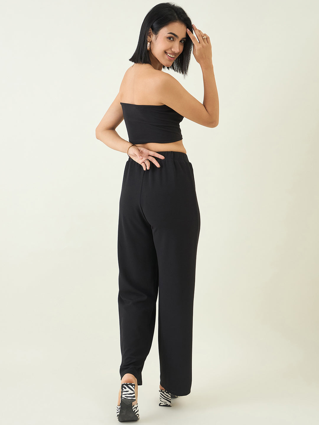 Elastic Waist Crop Top and Trousers Ensemble