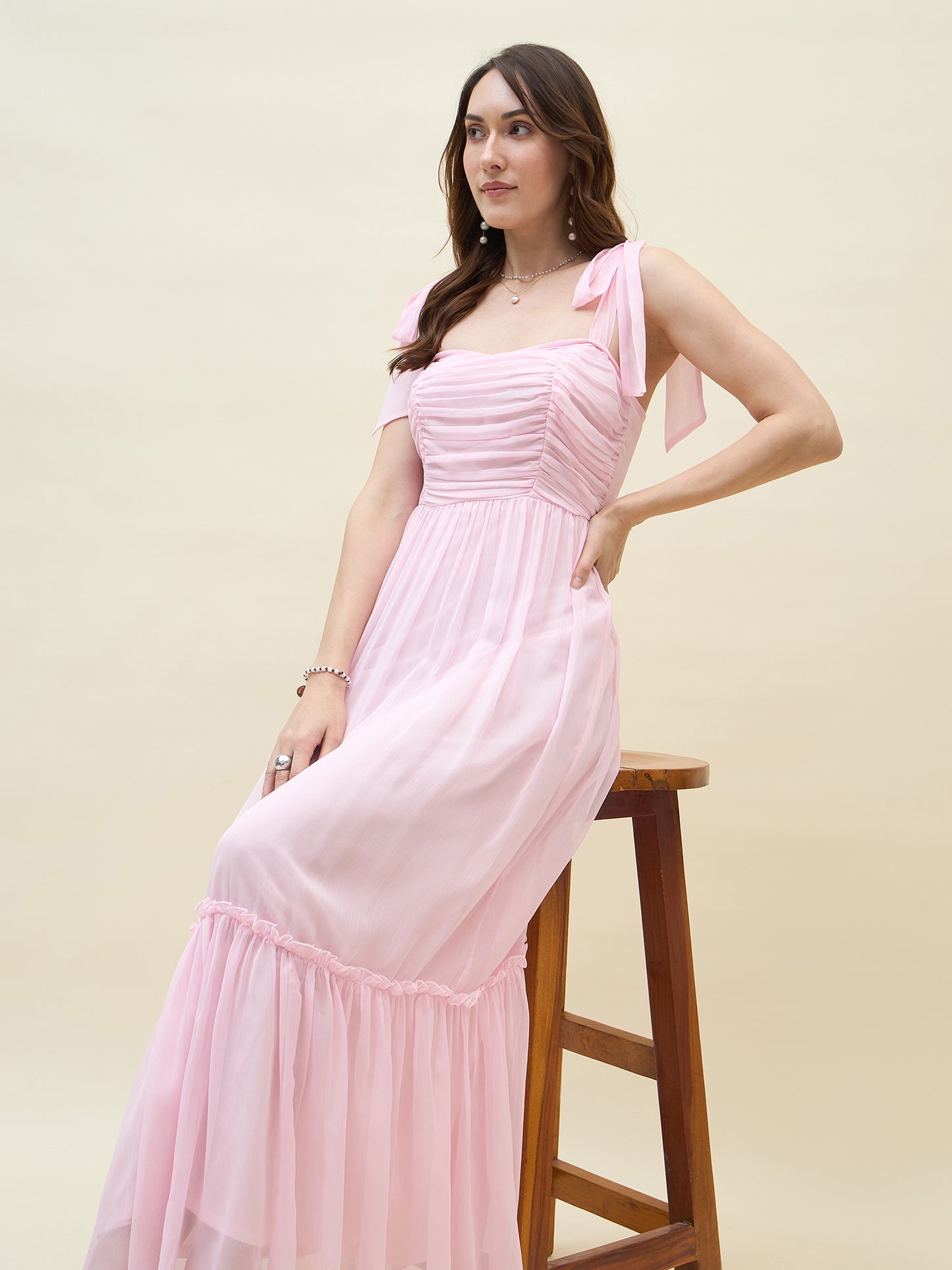 Chiffon Tiered Maxi with Bow Shoulder Straps