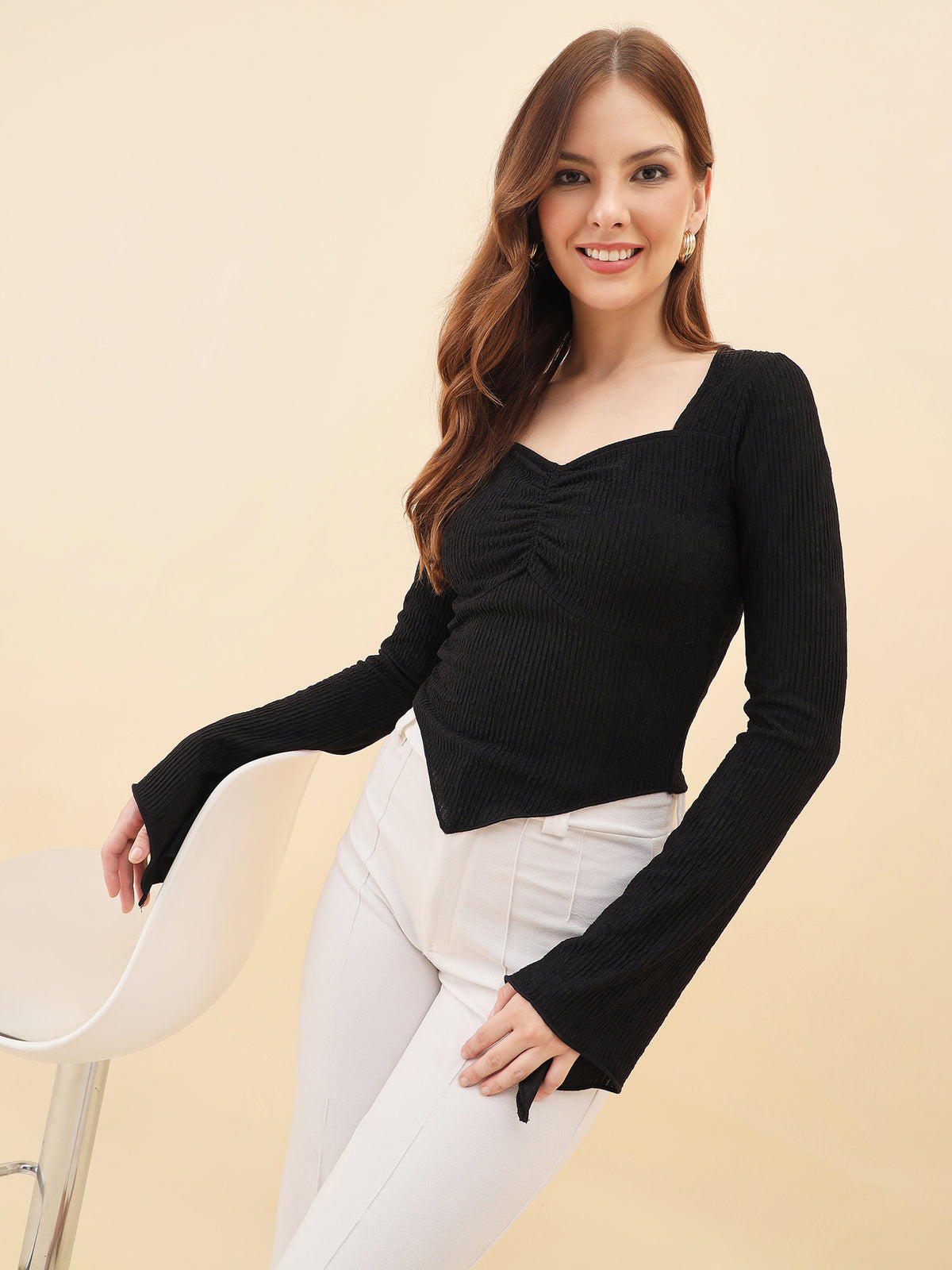 Sweetheart Bell Sleeve Ribbed Top
