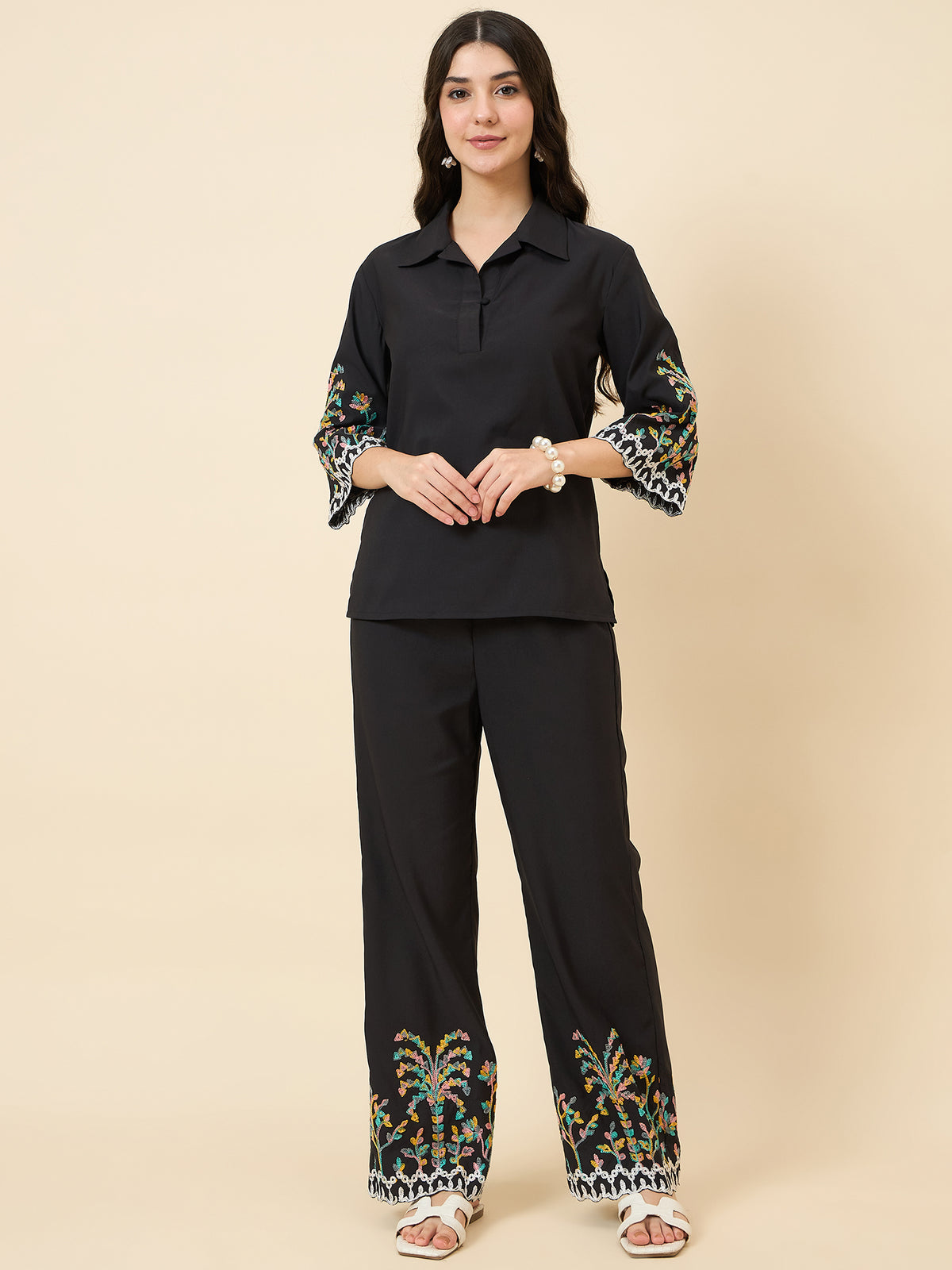Black Embroidered Collared Co-ord Set
