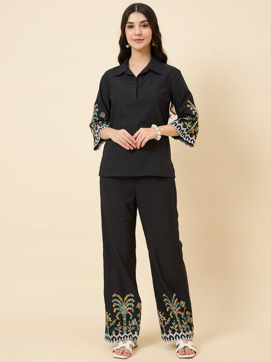 Black Embroidered Collared Co-ord Set