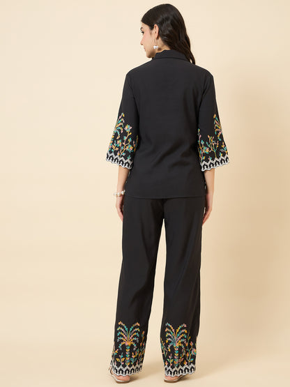 Black Embroidered Collared Co-ord Set